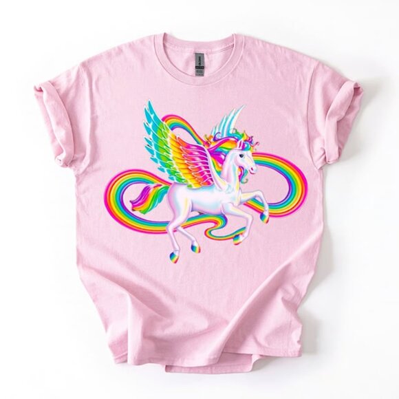 Y2K Pegasus Unicorn Rainbow Tee - Women's Pink Cotton T-Shirt Graphic Print Top - Picture 1 of 3